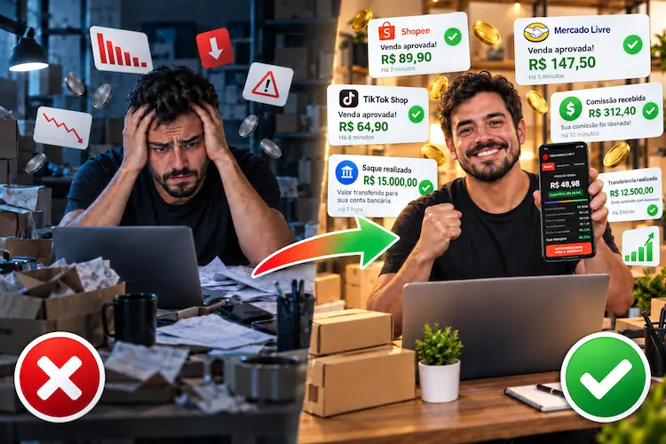 Vendedor com preço errado e prejuízo à esquerda, vendedor com preço correto e lucro à direita