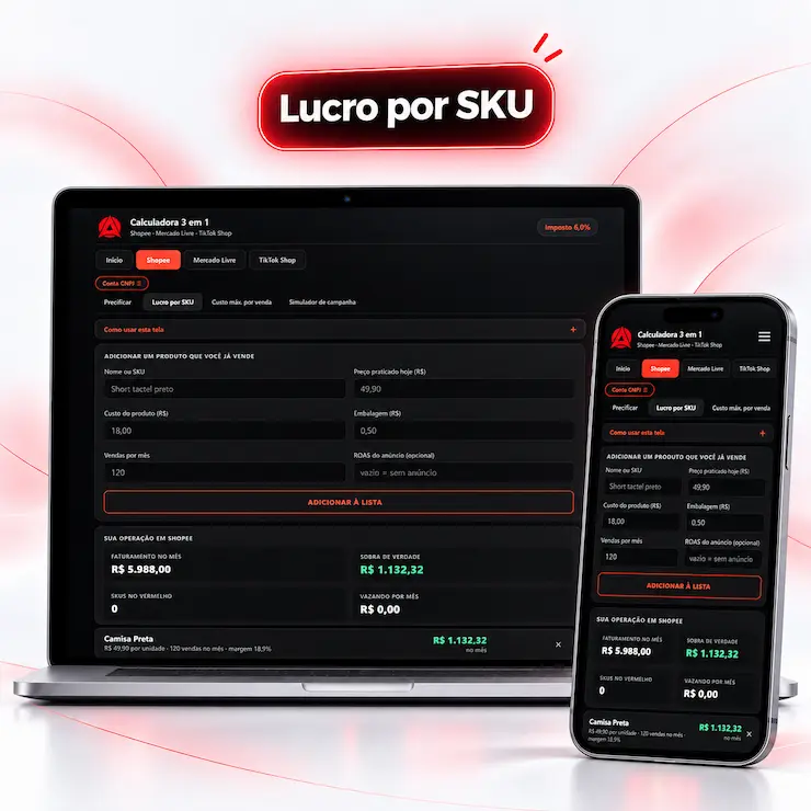 Tela da calculadora mostrando o lucro real por SKU