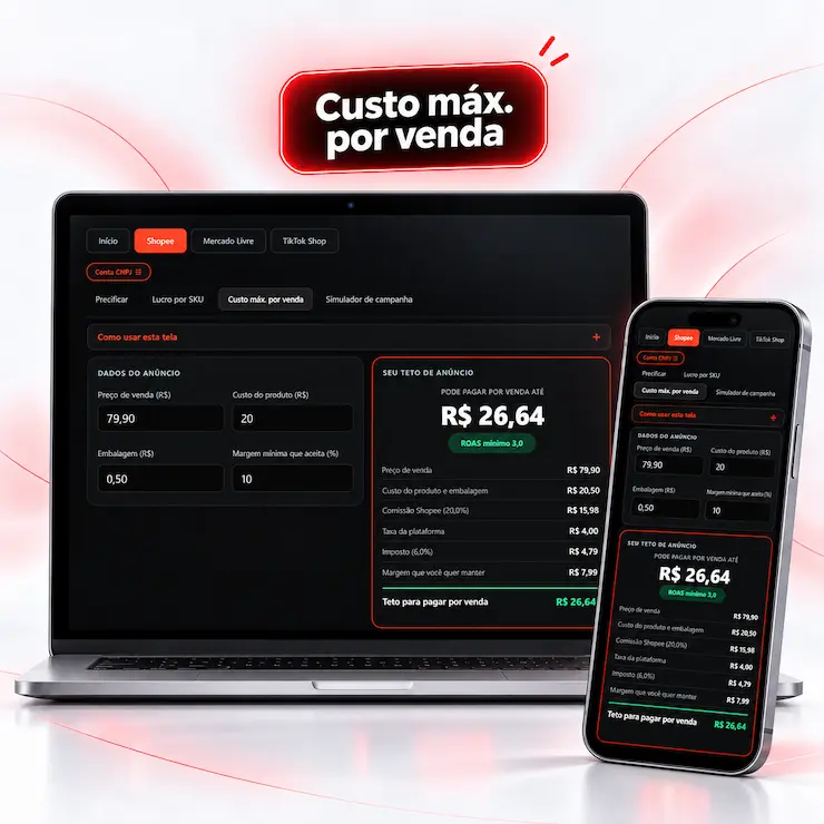 Tela da calculadora mostrando o custo maximo por venda em anuncios