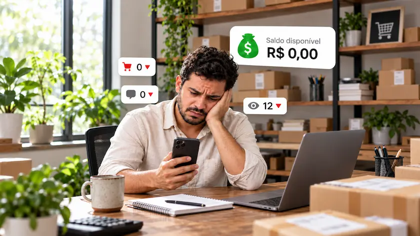 Vendedor de marketplace preocupado olhando o celular com lucro zerado